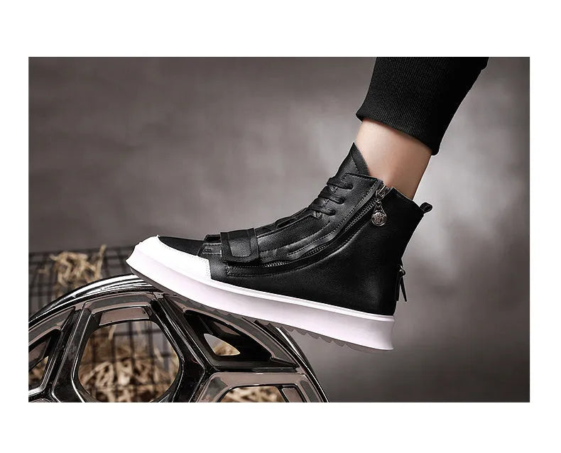 Men's black and white high-top sneaker style winter ankle boots made from PU leather microfiber.