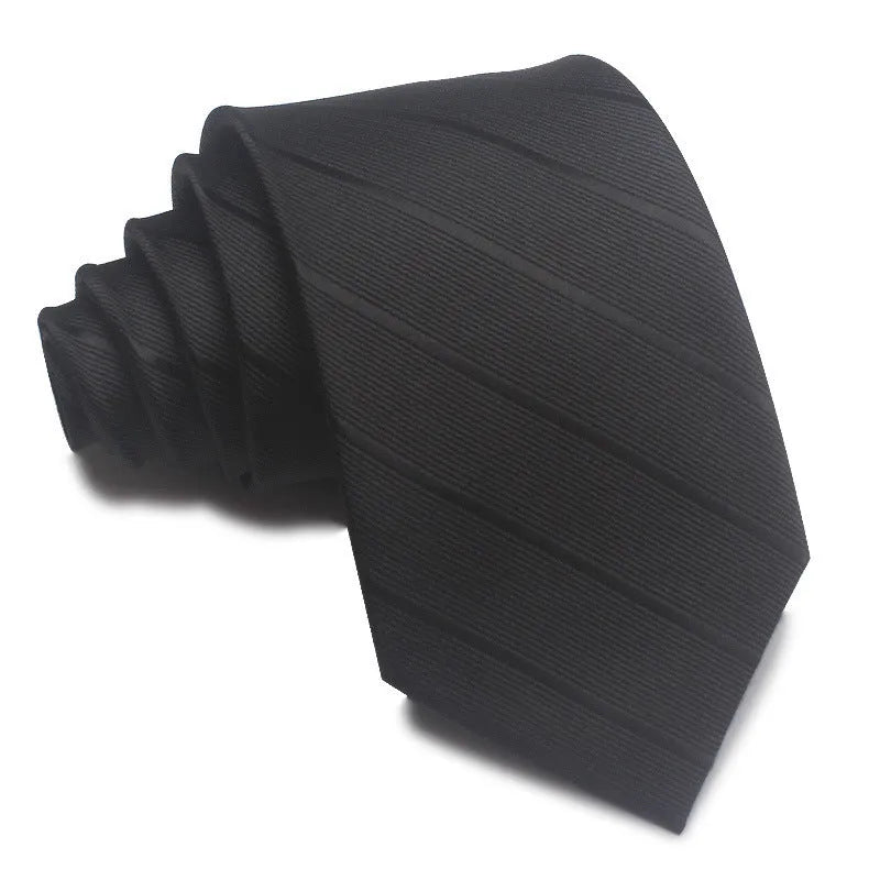 Man's red, black, and blue striped jacquard business tie with an 8cm width.