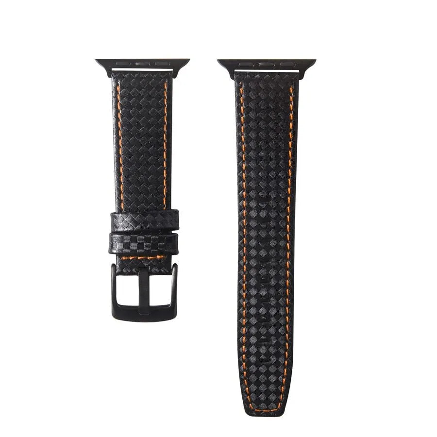 Compatible carbon fibre and leather Apple Watch strap with PC hard case in red, black, orange, and blue colour options.