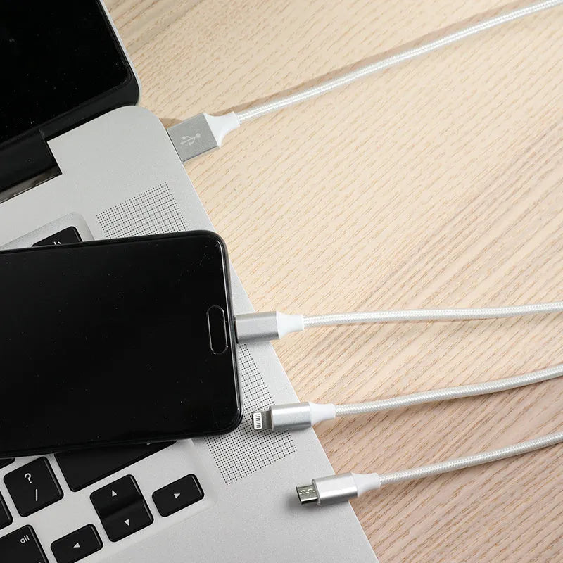 White Type-C three-in-one data cable 2 metres long with three charging heads and nylon braided outer layer