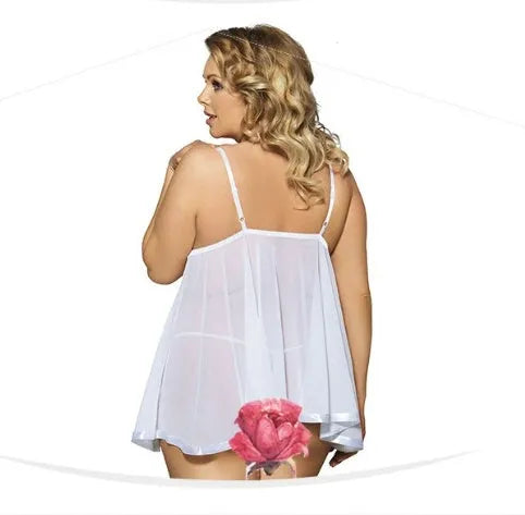 Women's purple seamless lace mesh sleepdress lingerie for plus sizes, shown on a hanger.