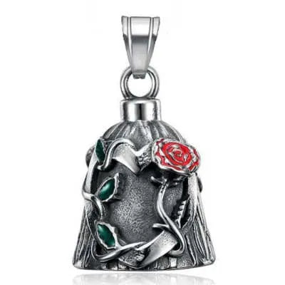 Titanium steel vintage motorcycle lucky bell with double-sided epoxy rose design and polished geometric shape