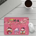 Custom cartoon mouse pad with thickening, showing example artwork on non-slip rubber and cloth base.