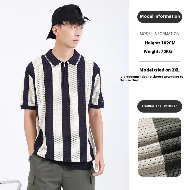 Man wearing a striped short sleeve ice silk sweater with a zipper decoration in sapphire blue.