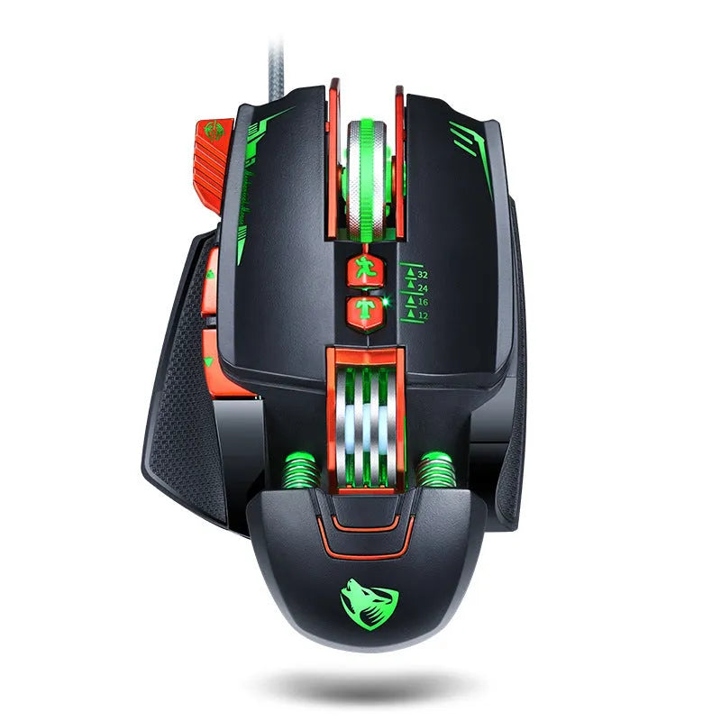 Thunder Wolf V9 black wired gaming mouse showing six buttons and ergonomic shape on mouse pad