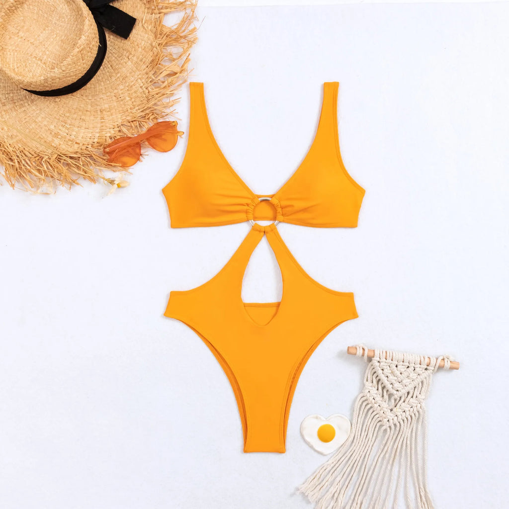 Women's black triangle one piece swimsuit with sleeveless nylon construction