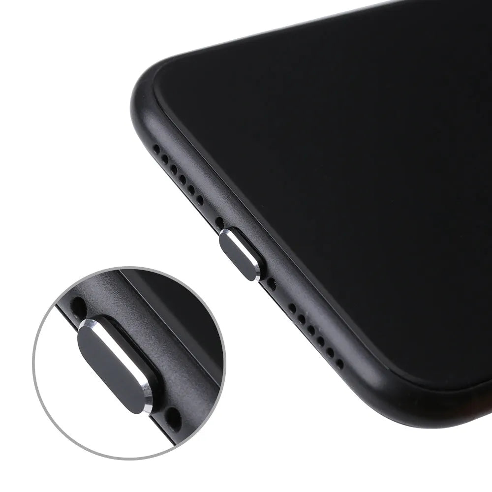 Aluminium alloy charging port dust plug for iPhone in various colours including gold, silver, and rose gold.
