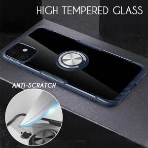 Black iPhone case with integrated car holder on the back, showing button cut-outs and PU leather texture.