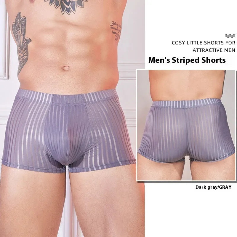 Men's thin striped nylon underwear in black, white, and dark grey colours