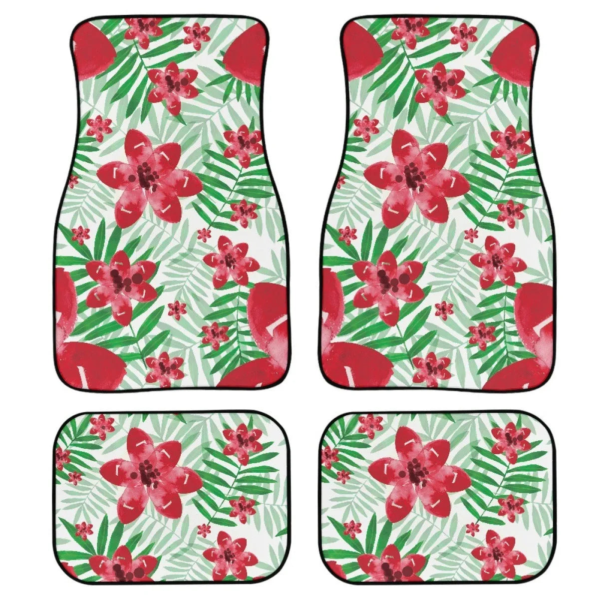 Black printed rubber car foot mat set showing 20mm thickness and waterproof texture for universal vehicle fit