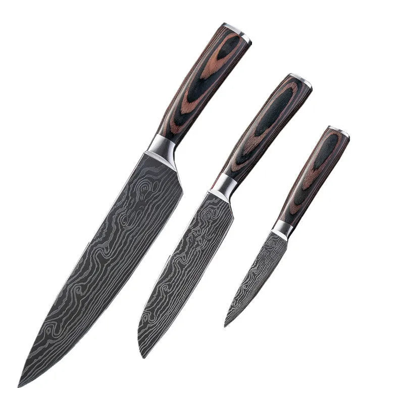 Chef knife with laser Damascus pattern blade, colour steel handle, showing 18cm blade length