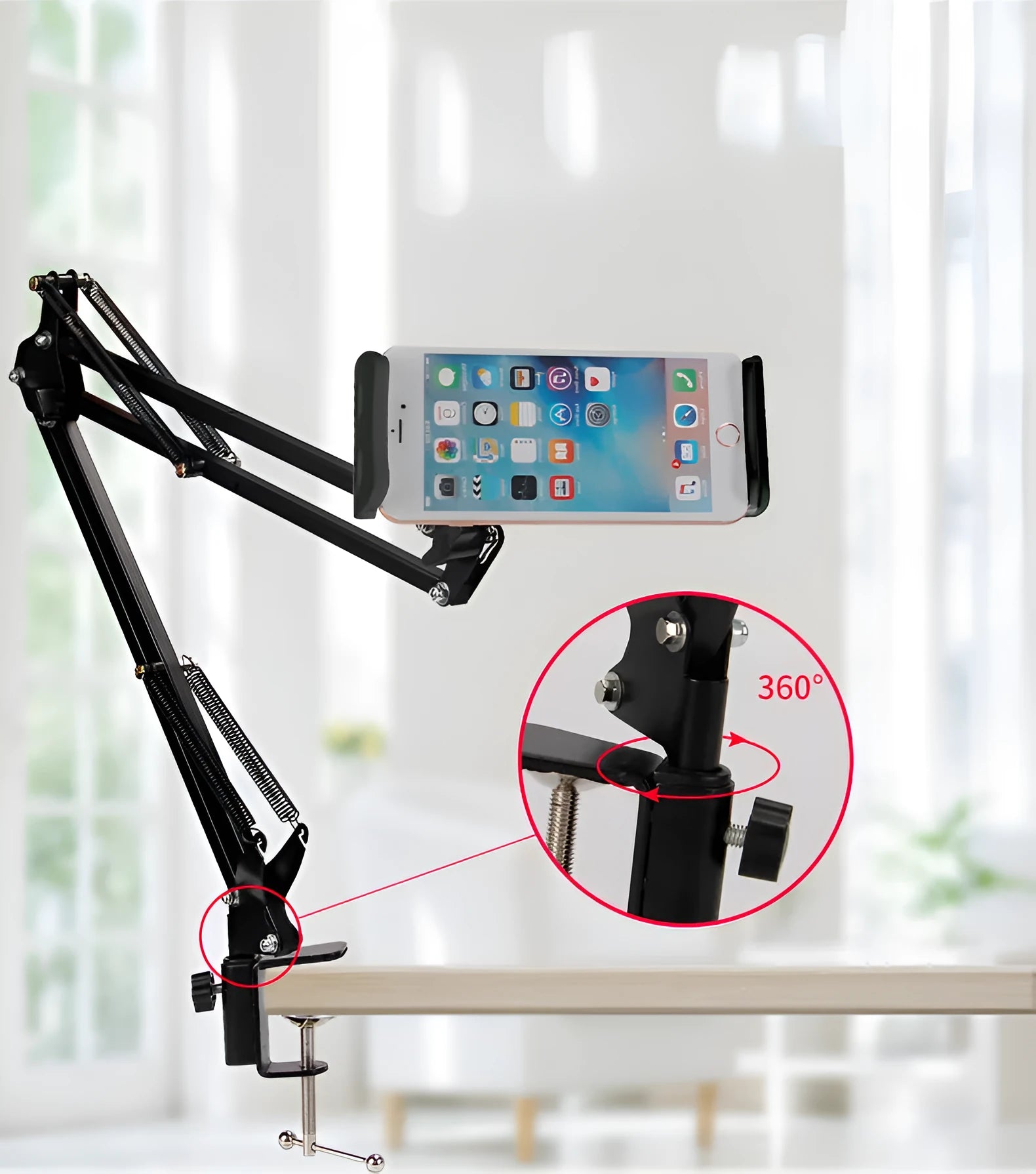 Black and white adjustable phone tablet stand showing 10cm size for hands-free device support