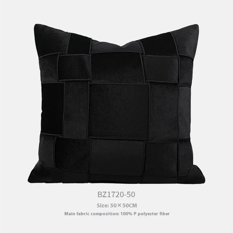 Square chenille woven cushion in beige colour on a grey sofa, 50x50cm size.