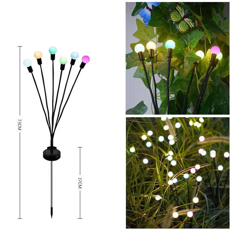 Solar-powered LED garden ground light with multiple light heads and a stainless steel spike for installation.