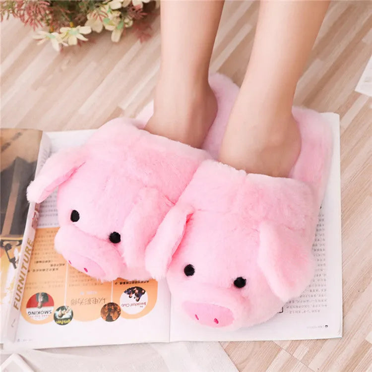 Pink pig plush floor slippers with PP cotton filling in women's sizes