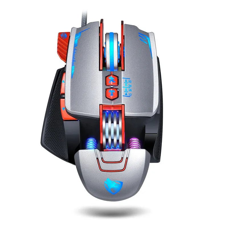 Thunder Wolf V9 black wired gaming mouse showing six buttons and ergonomic shape on mouse pad