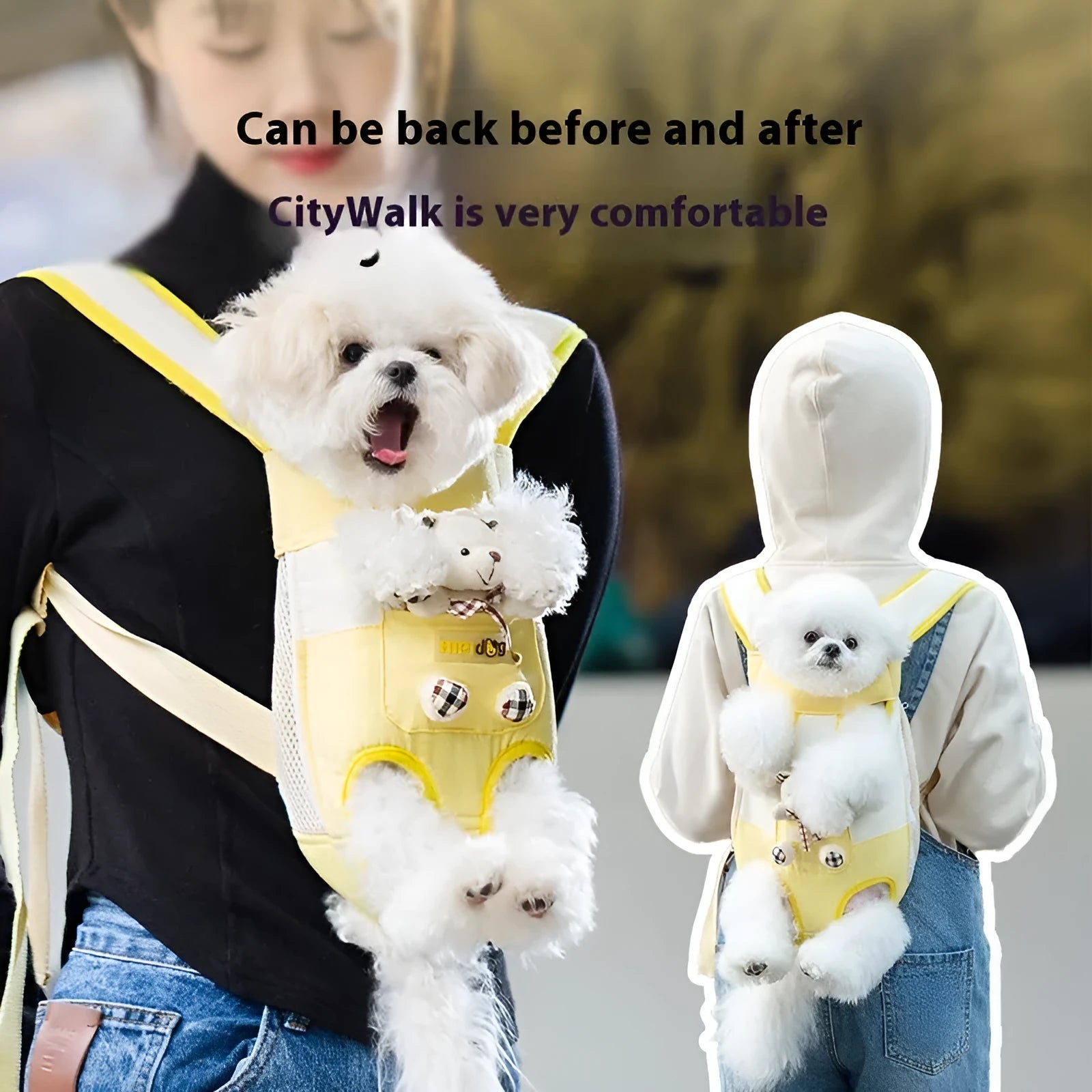 Soft canvas cat carrier bag with a yellow bear cartoon pattern and colourful stitching, shown in multiple size options.