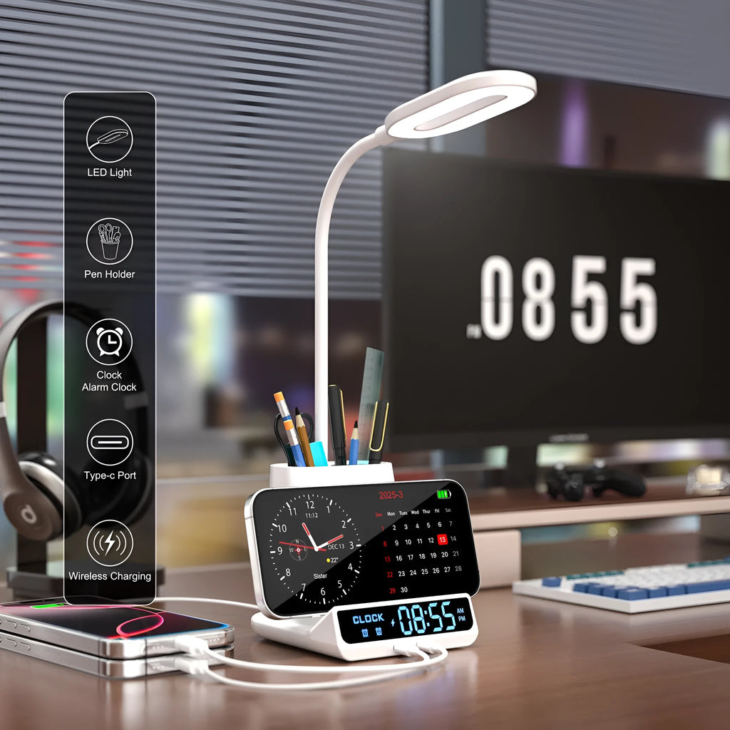 Modern wireless charging desk lamp with integrated pen holder and storage compartment.