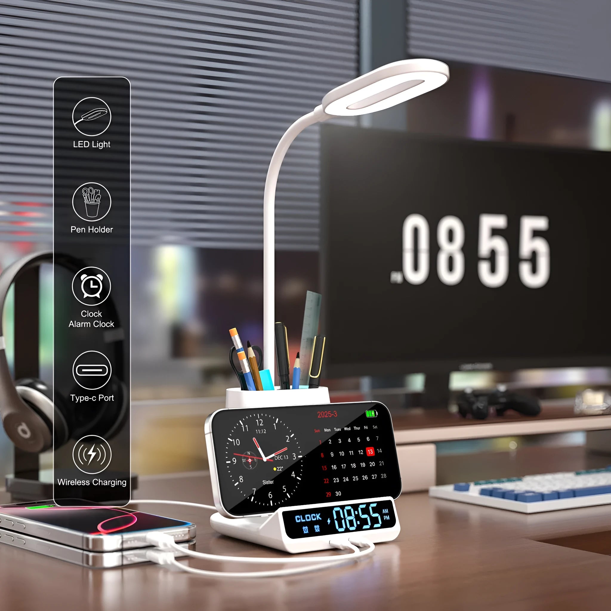Modern wireless charging desk lamp with integrated pen holder and storage compartment.