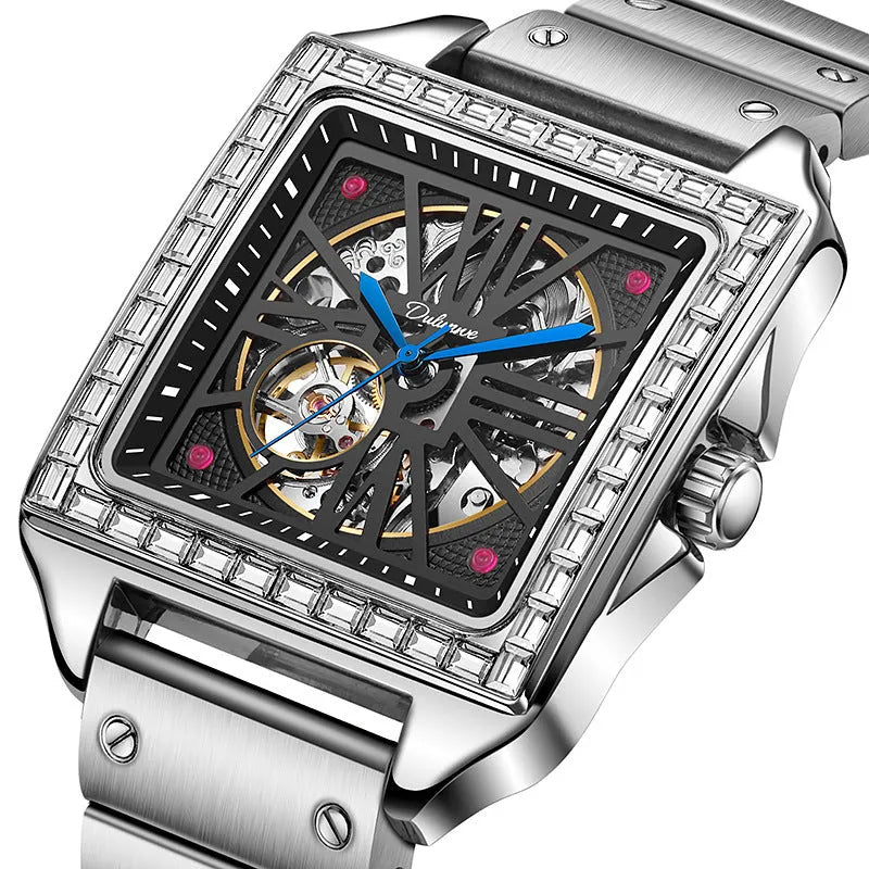 Men's square automatic watch with diamond-studded design on stainless steel case with leather strap