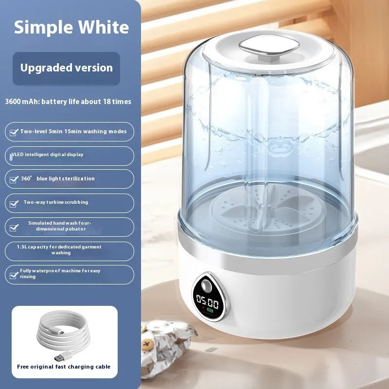 White portable USB charging mini washing machine with compact plastic housing on a countertop.