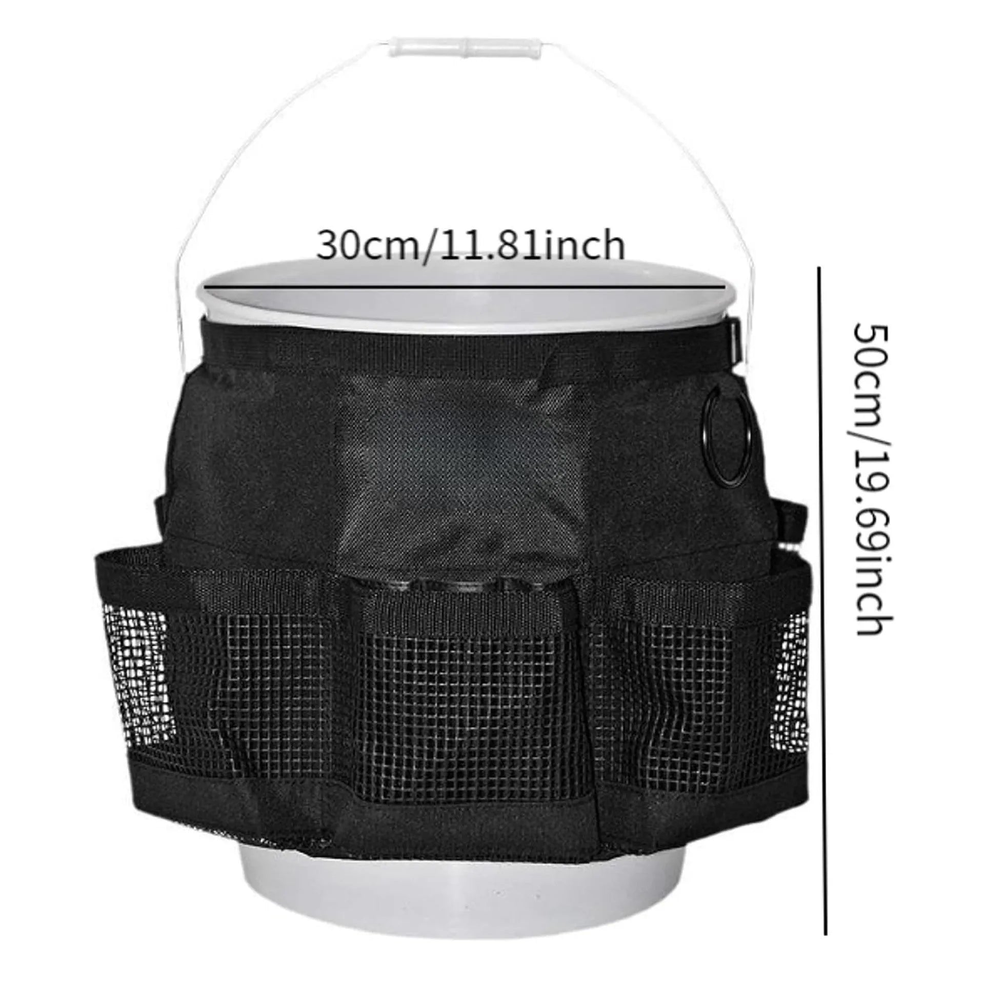 Black cylindrical polyester storage bag hanging on a 5 gallon barrel for tools and toiletries.