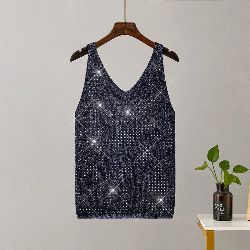 Ice silk knitted bright thread diamond-encrusted V-neck camisole in slim fit, shown in multiple colours including black, white, pink, and khaki
