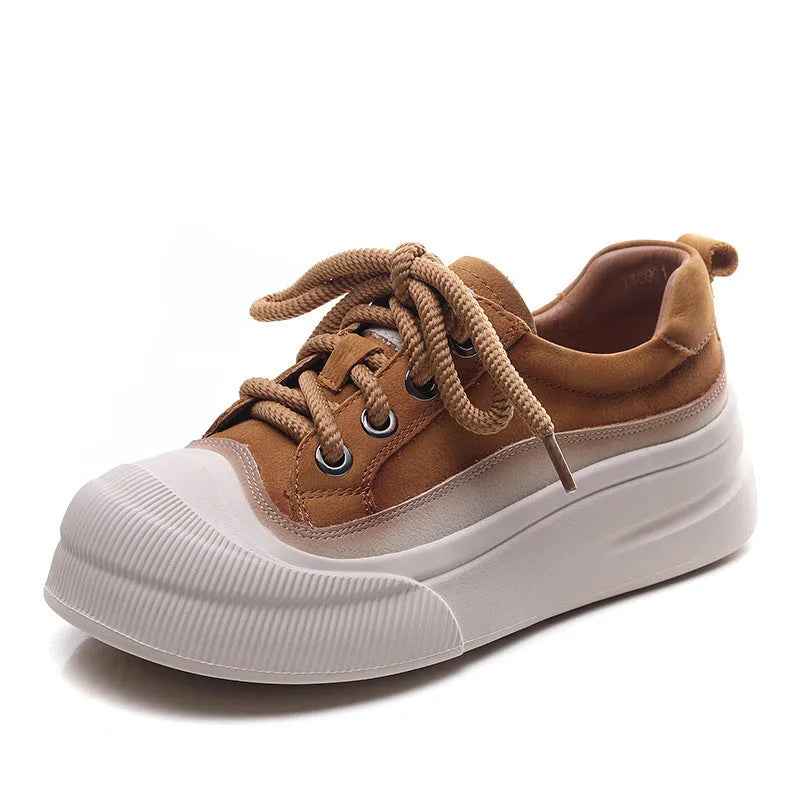 Women's yellow and cameo brown cow leather lace-up casual shoes with round toe and rubber soles