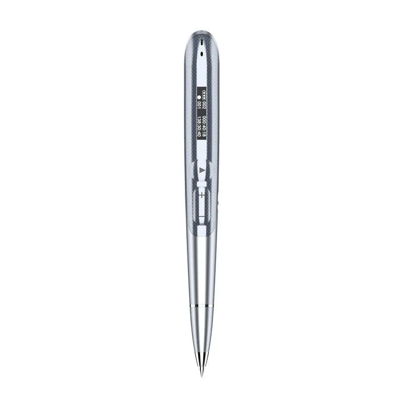 Black lossless recording pen with OLED display screen showing recording information
