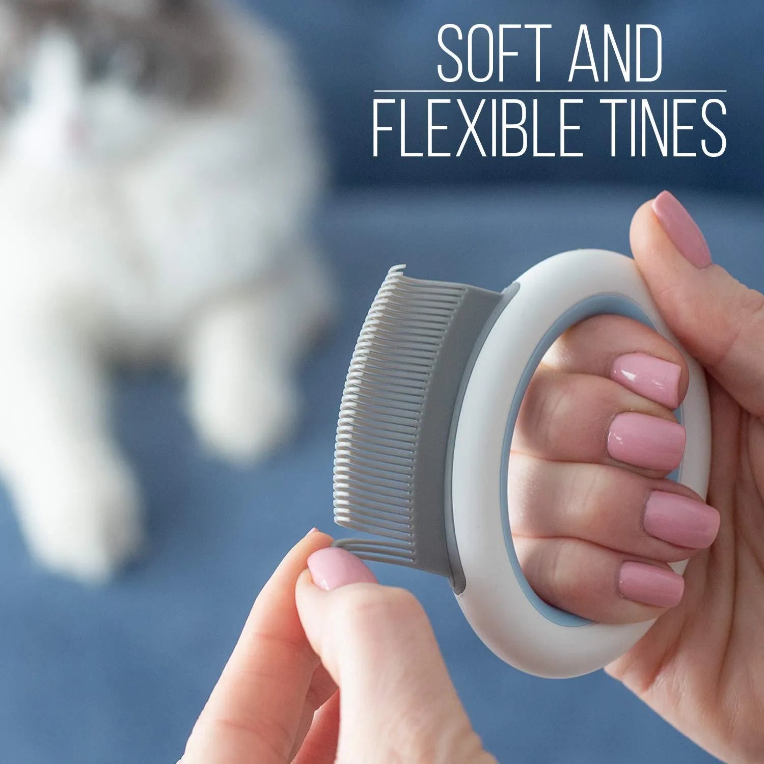 Blue plastic pet grooming comb with soft teeth for removing cat and dog hair