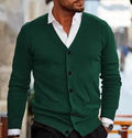 Men's slim fit acrylic cardigan sweater in autumn colours on a hanger