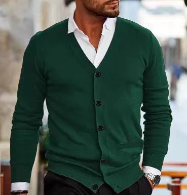 Men's slim fit acrylic cardigan sweater in autumn colours on a hanger
