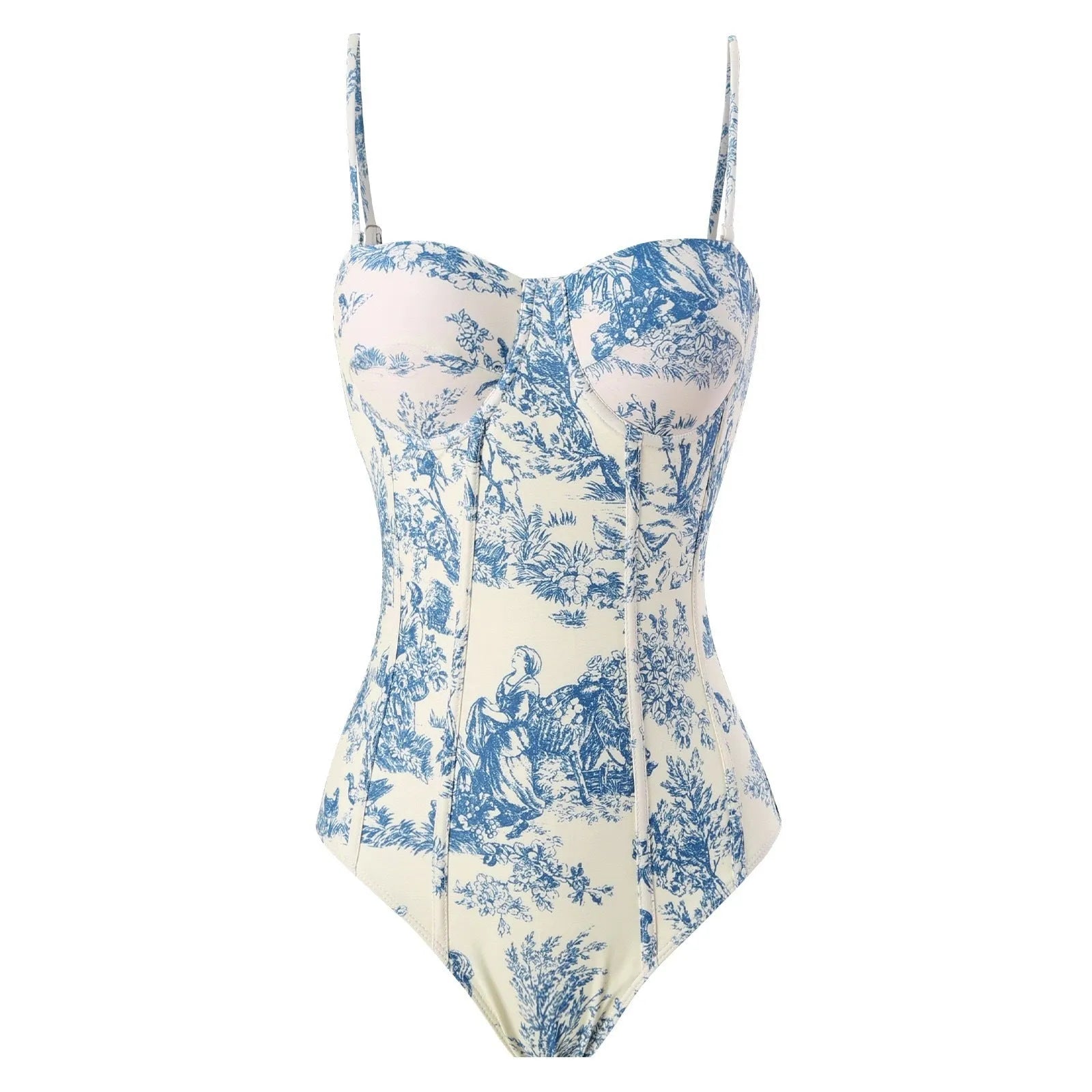 Blue women's one-piece polyester swimsuit with skirt option and S M L XL sizing
