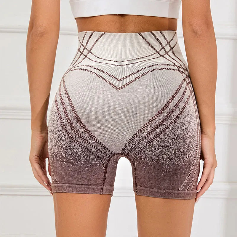 Women's high waisted gradient fitness shorts in black or brown, for yoga and running.
