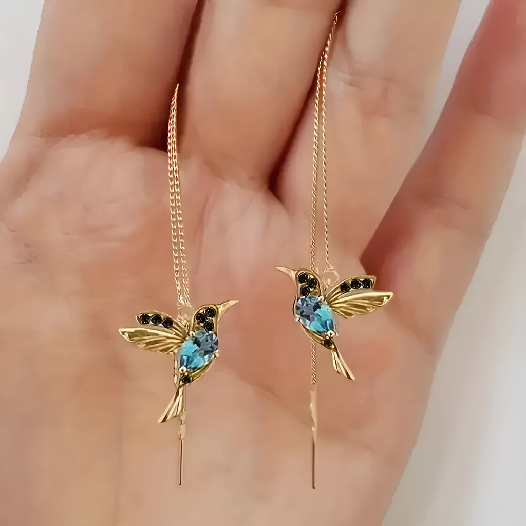 Women's long drop bird earrings with mixed zirconium wings in blue, red, and red lvzuan colour options
