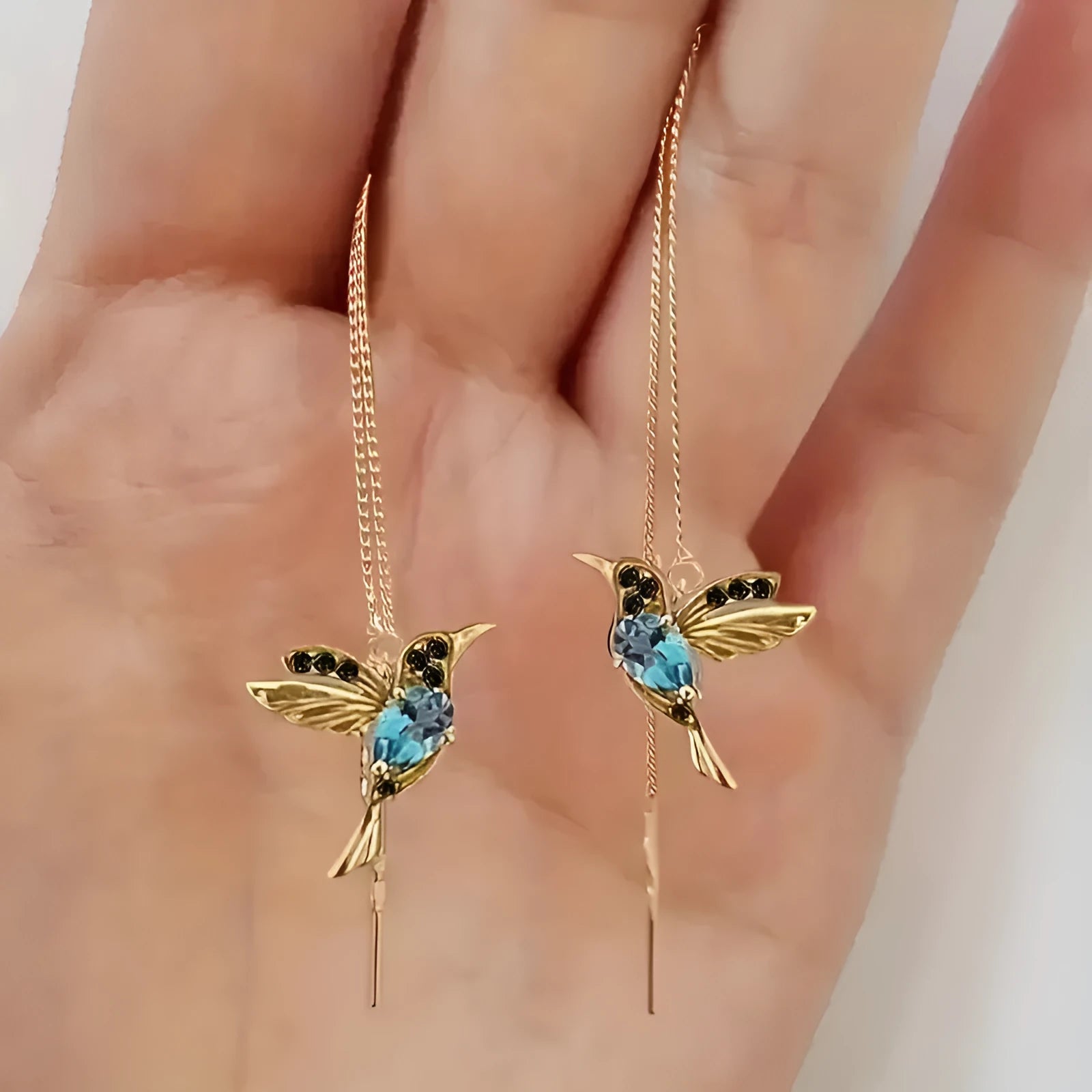 Women's long drop bird earrings with mixed zirconium wings in blue, red, and red lvzuan colour options