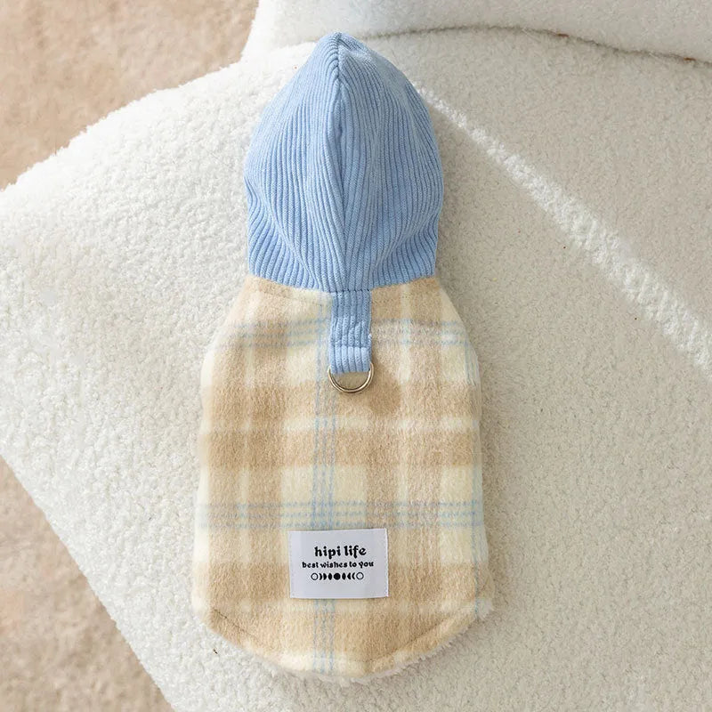 Blue corduroy dog hooded vest with chessboard grid pattern and reflective strips