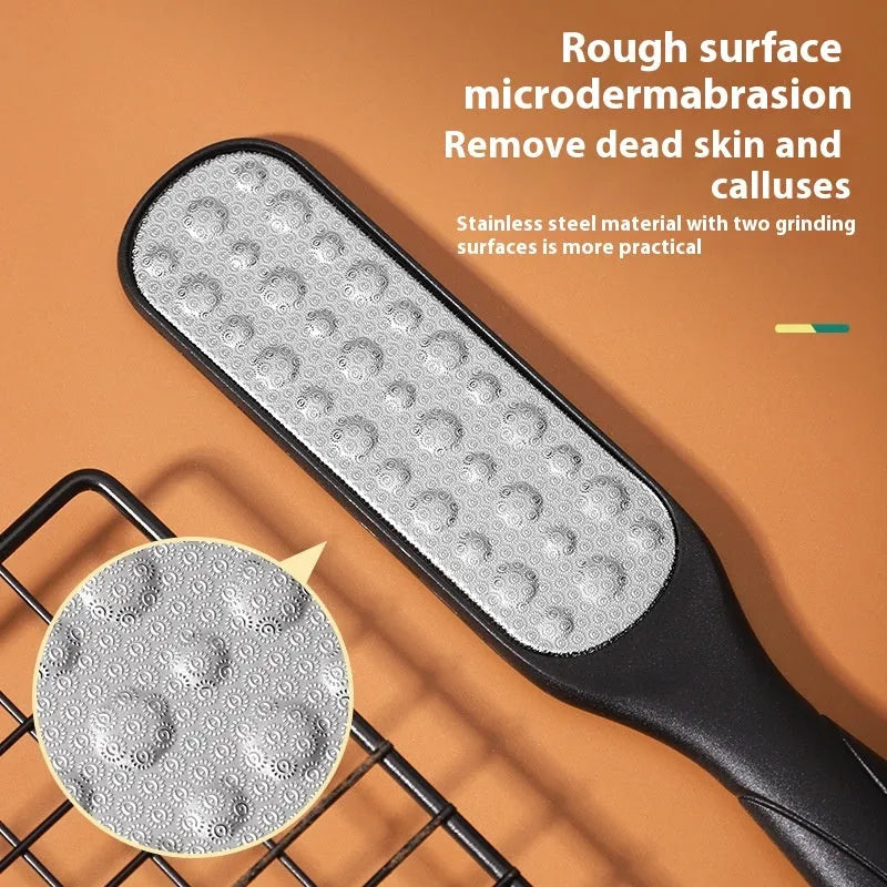 Stainless steel double-sided foot grinder with black and white tools for callus removal
