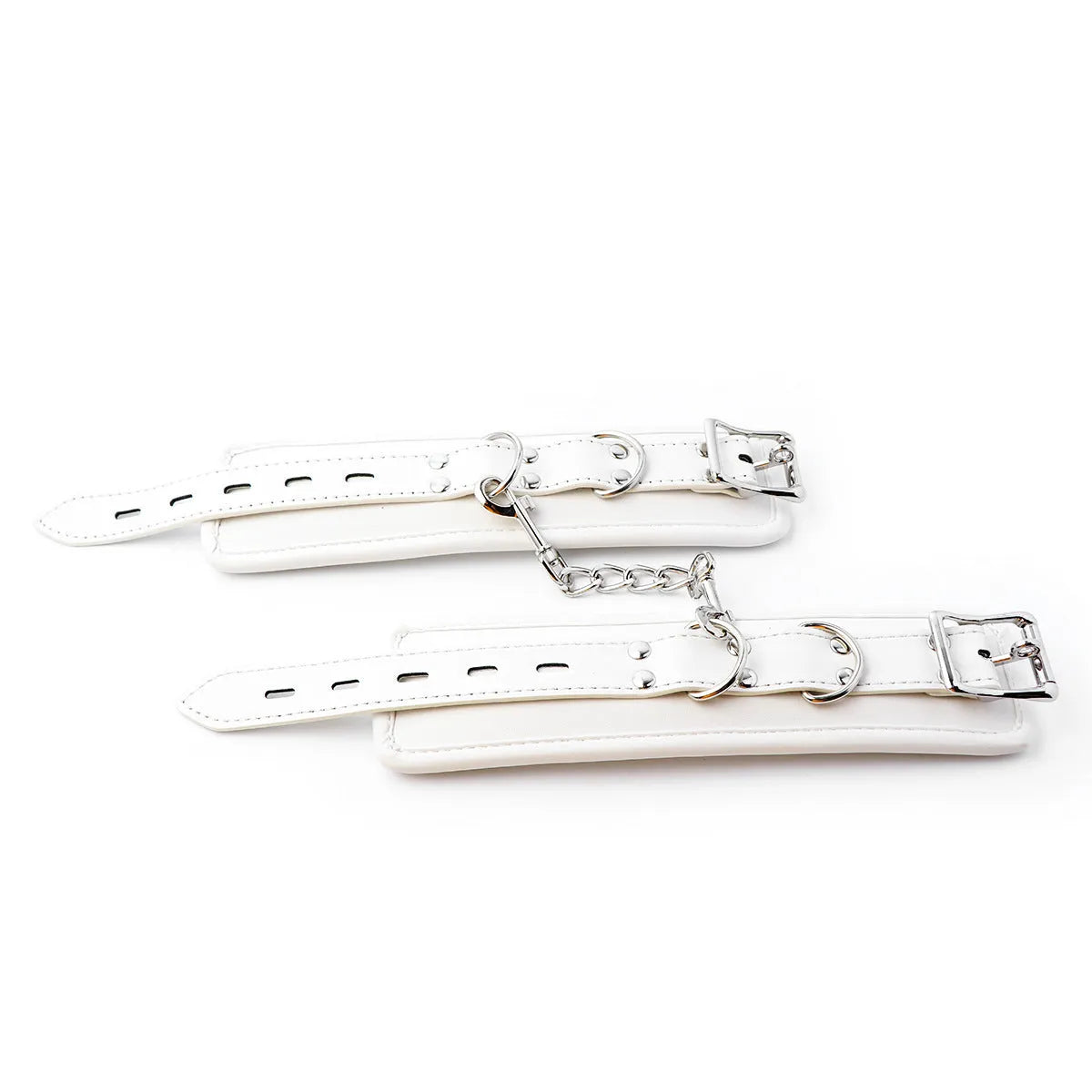 White PU sponge bondage restraint set showing handcuffs, footcuffs and neck scarf
