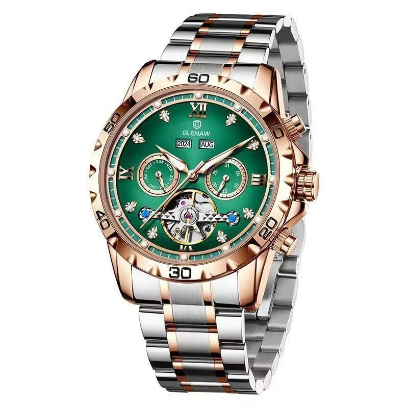 Men's automatic mechanical watch with stainless steel band and mineral glass crystal in silver case blue surface