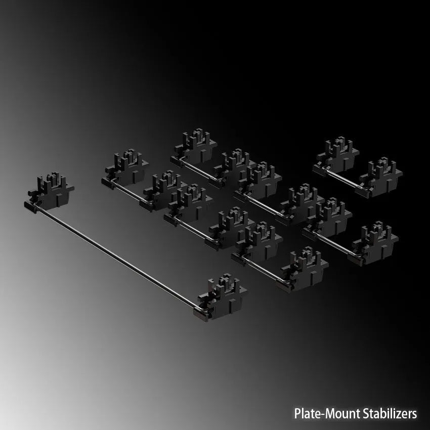Black and milky white mechanical keyboard stabiliser sets showing 6.25U and 7U satellite axis sizes.