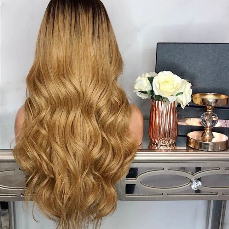 Long matte synthetic hair wig in gold colour 65cm length with adjustable elastic buckle