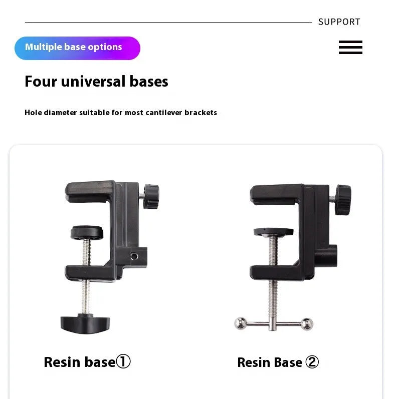 Black metal desktop cantilever bracket holding tablet with adjustable arms and folding mechanism