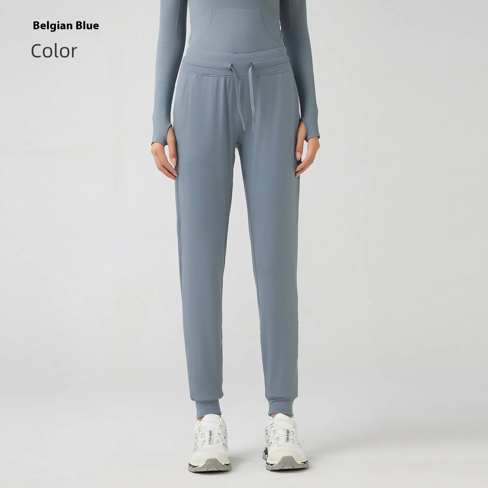 Women's high-waist yoga pants in distilled coffee colour with an elastic drawstring waist for fitness.