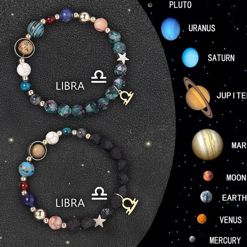 Two natural stone beaded bracelets with metal zodiac sign charms on a white background.