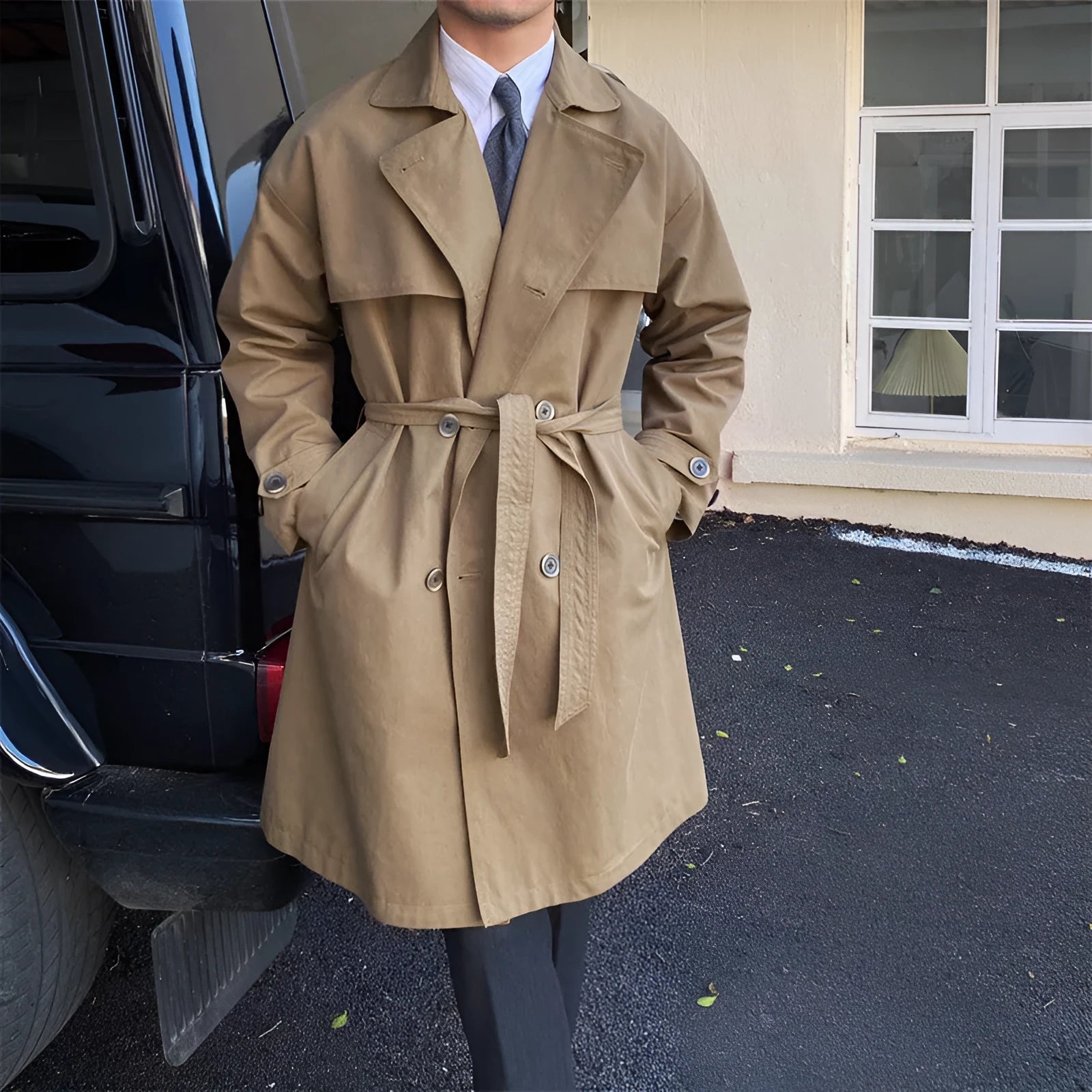 Mid-length trench coat with double-breasted lapels in black, washing finish, 65% cotton 35% polyester