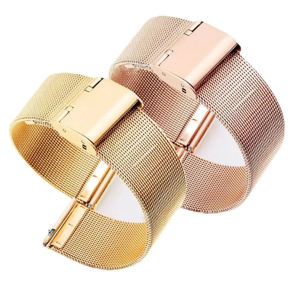 Milani silk woven stainless steel watch band replacement strap with metal clasp in silver, black, rose gold, and gold.