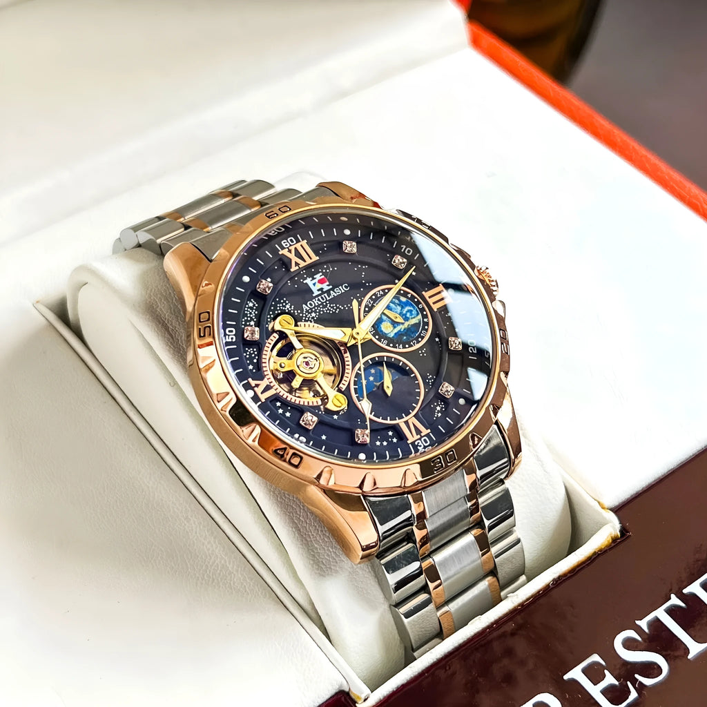 Automatic mechanical men's watch with rose gold shell and black surface on large dial