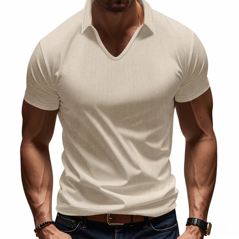 Men's casual V-neck loose fit short sleeve t-shirt in cotton blend fabric shown in multiple colour options