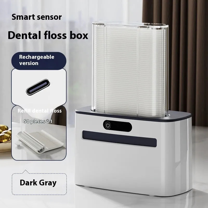 Rechargeable intelligent induction dental floss box in dark gray, light gray, or gold with automatic pop-up mechanism